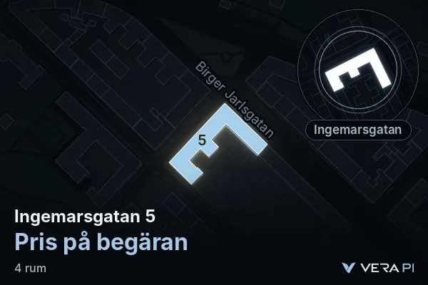 VERA PI's image of Ingemarsgatan 5: the building in 3D, lit in blue, and the map around it