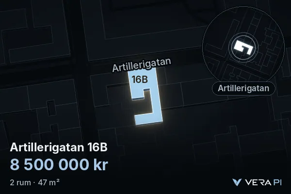 VERA PI:s bild av Artillerigatan 16B: huset i 3D, upplyst i blått, och kartan runt omkring