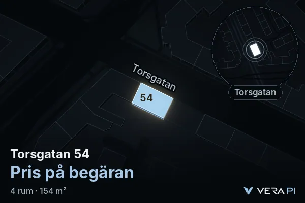 VERA PI's image of Torsgatan 54: the building in 3D, lit in blue, and the map around it