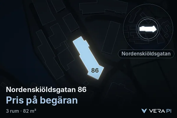 VERA PI's image of Nordenskiöldsgatan 86: the building in 3D, lit in blue, and the map around it