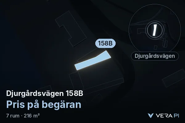VERA PI's image of Djurgårdsvägen 158B: the building in 3D, lit in blue, and the map around it