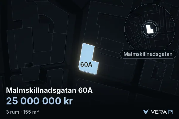 VERA PI:s bild av Malmskillnadsgatan 60A: huset i 3D, upplyst i blått, och kartan runt omkring