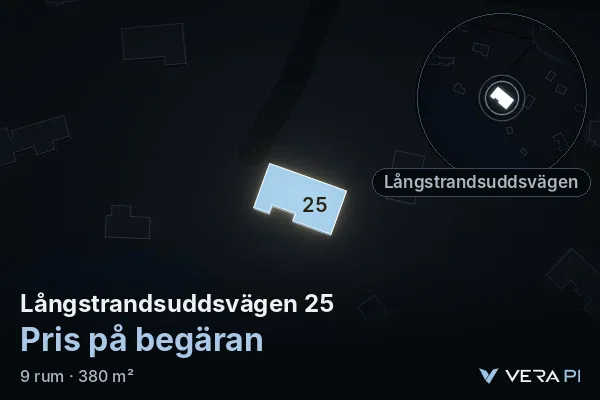 VERA PI:s bild av Långstrandsuddsvägen 25: huset i 3D, upplyst i blått, och kartan runt omkring