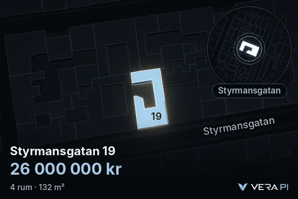 VERA PI:s bild av Styrmansgatan 19: huset i 3D, upplyst i blått, och kartan runt omkring