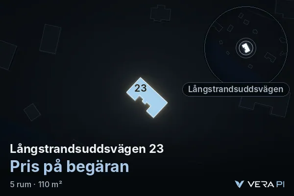 VERA PI:s bild av Långstrandsuddsvägen 23: huset i 3D, upplyst i blått, och kartan runt omkring