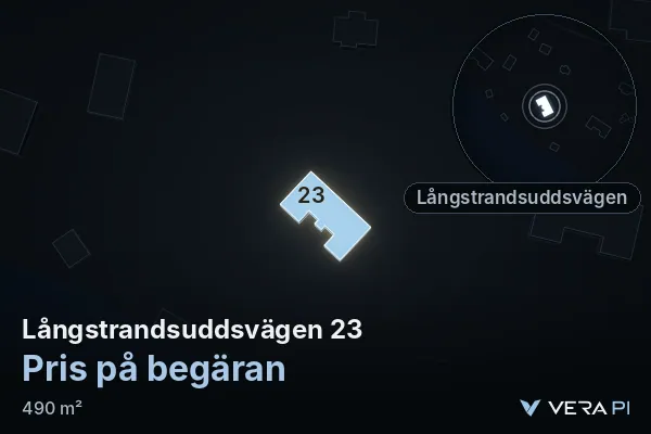 VERA PI:s bild av Långstrandsuddsvägen 23: huset i 3D, upplyst i blått, och kartan runt omkring
