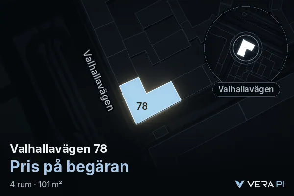 VERA PI's image of Valhallavägen 78: the building in 3D, lit in blue, and the map around it