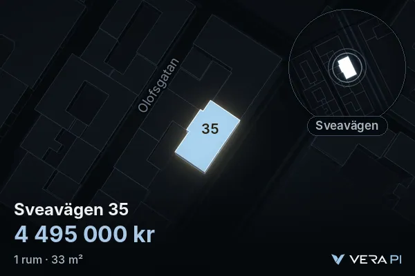 VERA PI:s bild av Sveavägen 35: huset i 3D, upplyst i blått, och kartan runt omkring