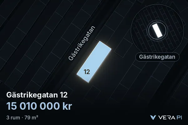 VERA PI:s bild av Gästrikegatan 12: huset i 3D, upplyst i blått, och kartan runt omkring