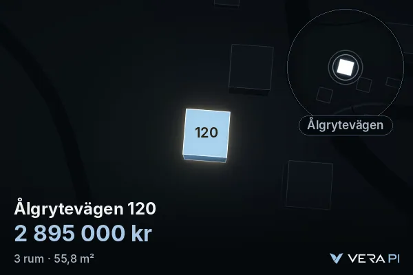 VERA PI:s bild av Ålgrytevägen 120: huset i 3D, upplyst i blått, och kartan runt omkring