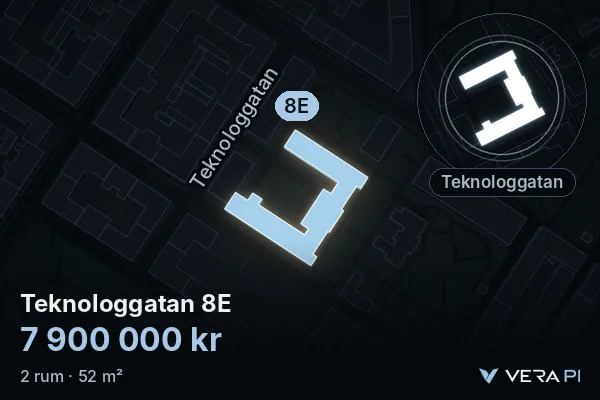 VERA PI's image of Teknologgatan 8E: the building in 3D, lit in blue, and the map around it