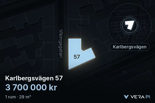 VERA PI:s bild av Karlbergsvägen 57: huset i 3D, upplyst i blått, och kartan runt omkring