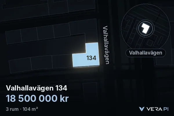 VERA PI:s bild av Valhallavägen 134: huset i 3D, upplyst i blått, och kartan runt omkring