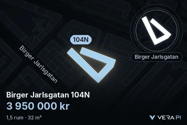 VERA PI:s bild av Birger Jarlsgatan 104N: huset i 3D, upplyst i blått, och kartan runt omkring
