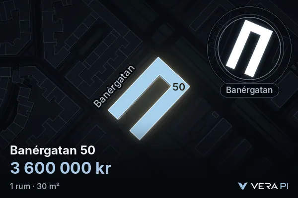 VERA PI:s bild av Banérgatan 50: huset i 3D, upplyst i blått, och kartan runt omkring