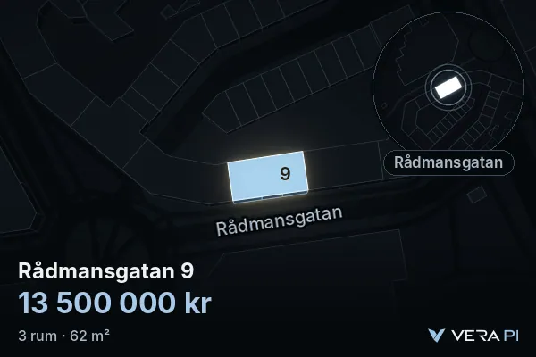 VERA PI:s bild av Rådmansgatan 9: huset i 3D, upplyst i blått, och kartan runt omkring