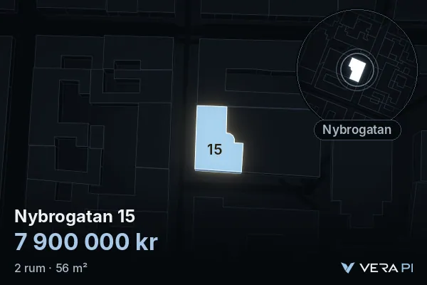 VERA PI:s bild av Nybrogatan 15: huset i 3D, upplyst i blått, och kartan runt omkring