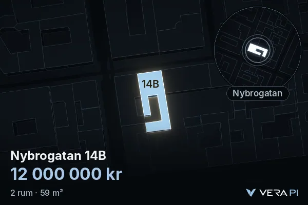 VERA PI:s bild av Nybrogatan 14B: huset i 3D, upplyst i blått, och kartan runt omkring