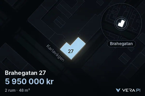 VERA PI:s bild av Brahegatan 27: huset i 3D, upplyst i blått, och kartan runt omkring