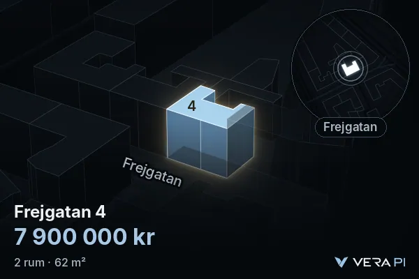 VERA PI:s bild av Frejgatan 4: huset i 3D, upplyst i blått, och kartan runt omkring