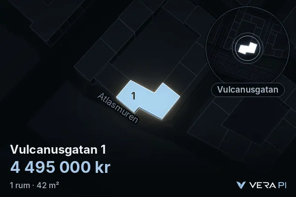 VERA PI:s bild av Vulcanusgatan 1: huset i 3D, upplyst i blått, och kartan runt omkring