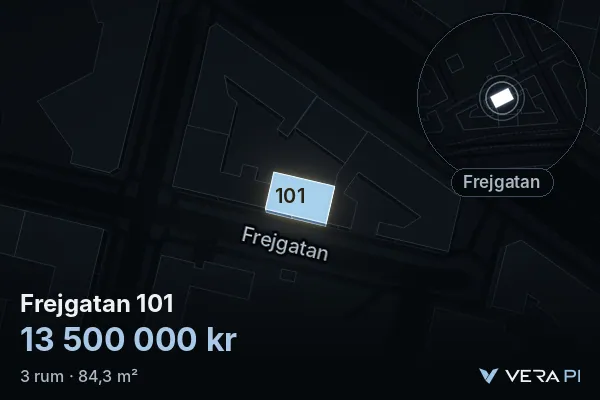 VERA PI:s bild av Frejgatan 101: huset i 3D, upplyst i blått, och kartan runt omkring