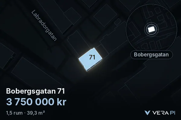 VERA PI's image of Bobergsgatan 71: the building in 3D, lit in blue, and the map around it