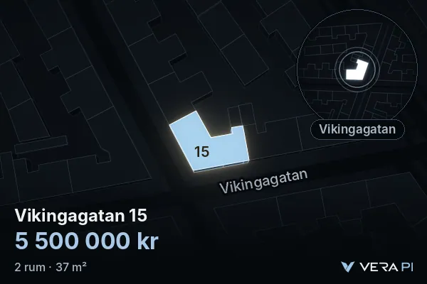 VERA PI's image of Vikingagatan 15: the building in 3D, lit in blue, and the map around it