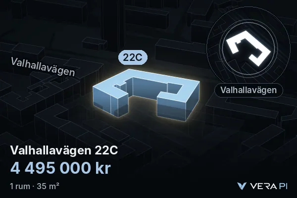 VERA PI:s bild av Valhallavägen 22C: huset i 3D, upplyst i blått, och kartan runt omkring