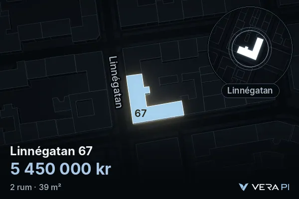 VERA PI:s bild av Linnégatan 67: huset i 3D, upplyst i blått, och kartan runt omkring