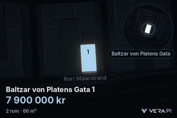VERA PI:s bild av Baltzar von Platens Gata 1: huset i 3D, upplyst i blått, och kartan runt omkring