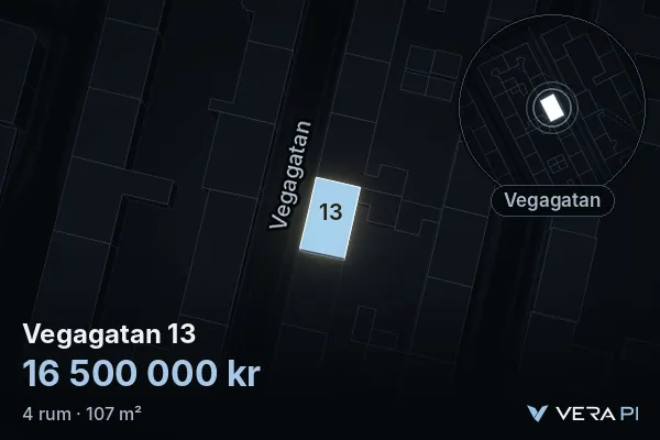 VERA PI:s bild av Vegagatan 13: huset i 3D, upplyst i blått, och kartan runt omkring