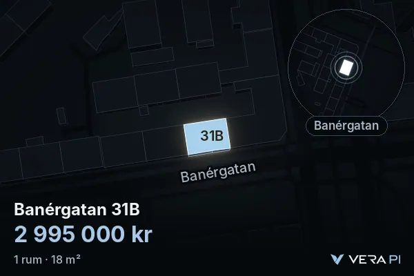 VERA PI:s bild av Banérgatan 31B: huset i 3D, upplyst i blått, och kartan runt omkring