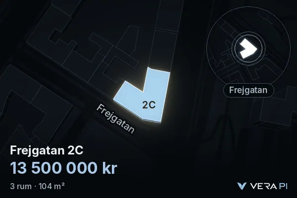 VERA PI:s bild av Frejgatan 2C: huset i 3D, upplyst i blått, och kartan runt omkring