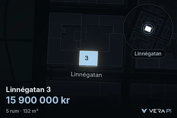 VERA PI:s bild av Linnégatan 3: huset i 3D, upplyst i blått, och kartan runt omkring