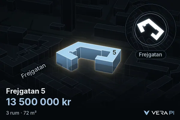 VERA PI's image of Frejgatan 5: the building in 3D, lit in blue, and the map around it