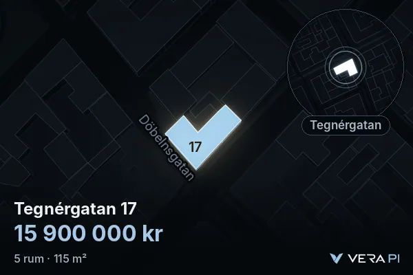 VERA PI:s bild av Tegnérgatan 17: huset i 3D, upplyst i blått, och kartan runt omkring