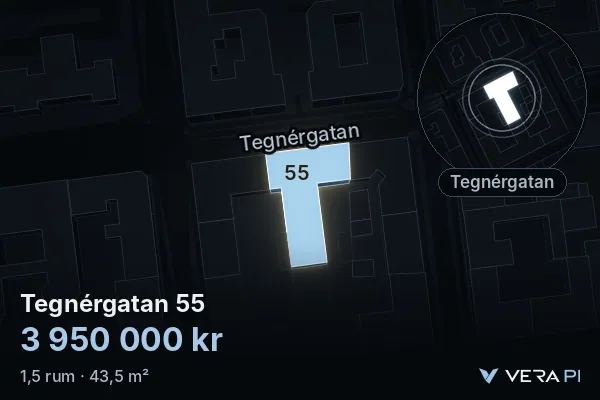 VERA PI:s bild av Tegnérgatan 55: huset i 3D, upplyst i blått, och kartan runt omkring