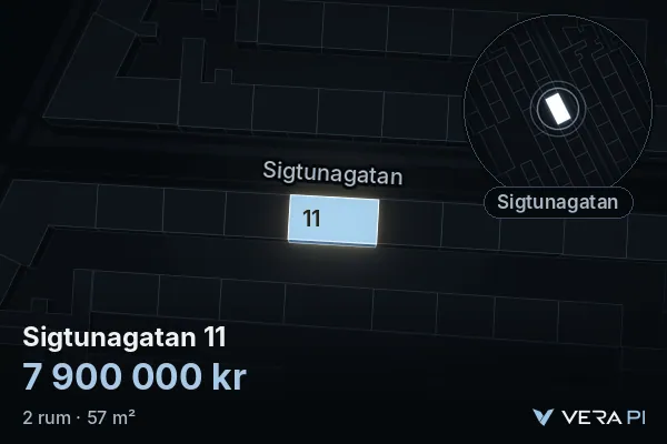 VERA PI's image of Sigtunagatan 11: the building in 3D, lit in blue, and the map around it