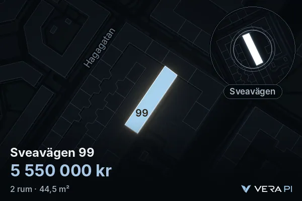 VERA PI:s bild av Sveavägen 99: huset i 3D, upplyst i blått, och kartan runt omkring
