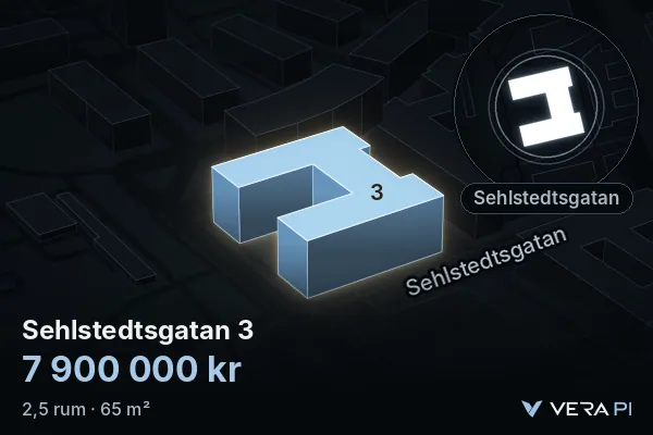 VERA PI:s bild av Sehlstedtsgatan 3: huset i 3D, upplyst i blått, och kartan runt omkring
