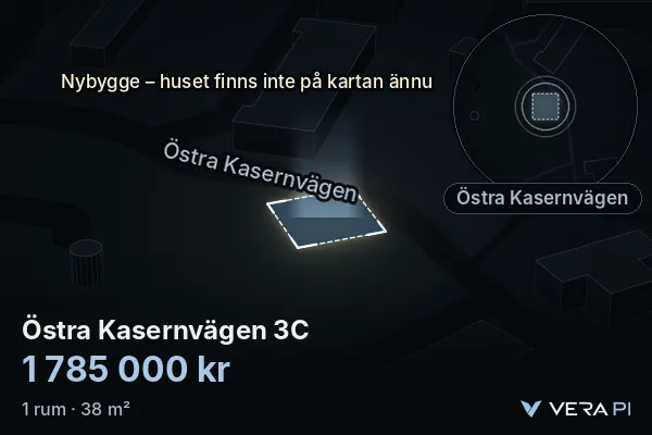 VERA PI:s bild av Östra Kasernvägen 3C: huset i 3D, upplyst i blått, och kartan runt omkring