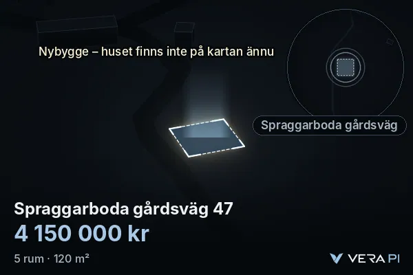 VERA PI's image of Spraggarboda gårdsväg 47: the building in 3D, lit in blue, and the map around it