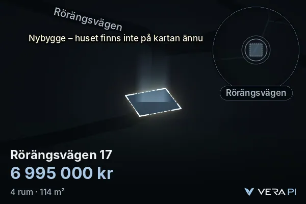 VERA PI:s bild av Rörängsvägen 17: huset i 3D, upplyst i blått, och kartan runt omkring