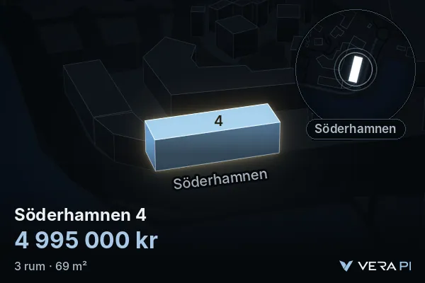 VERA PI:s bild av Söderhamnen 4: huset i 3D, upplyst i blått, och kartan runt omkring