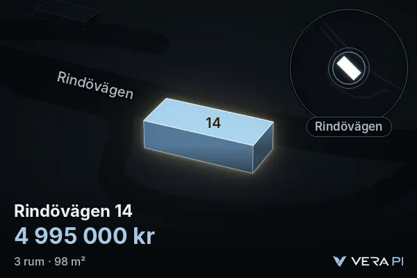 VERA PI:s bild av Rindövägen 14: huset i 3D, upplyst i blått, och kartan runt omkring