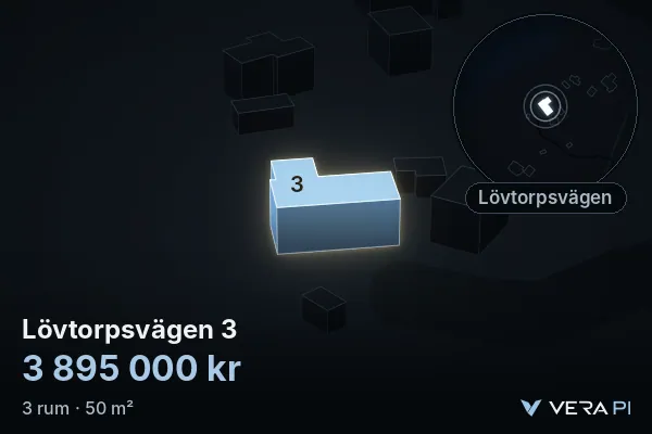 VERA PI:s bild av Lövtorpsvägen 3: huset i 3D, upplyst i blått, och kartan runt omkring