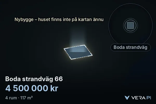 VERA PI's image of Boda strandväg 66: the building in 3D, lit in blue, and the map around it