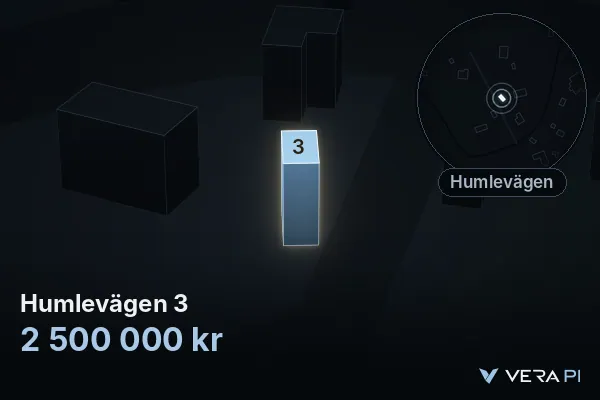 VERA PI:s bild av Humlevägen 3: huset i 3D, upplyst i blått, och kartan runt omkring