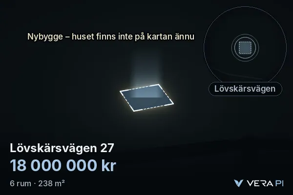 VERA PI's image of Lövskärsvägen 27: the building in 3D, lit in blue, and the map around it
